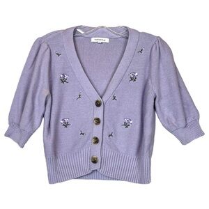 Hooked Up by IOT Macy’s Lilac Purple Floral Short Sleeve Knit Cardigan size XS